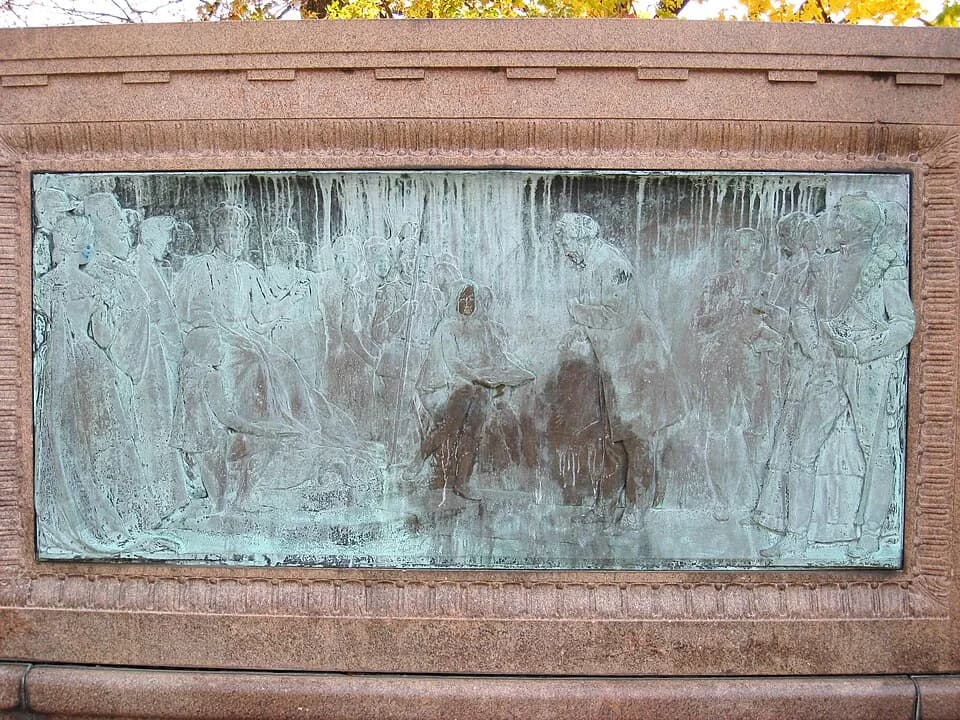 Samuel Colt - Left panel - Samuel Colt Memorial, Colt Park, Hartford, Connecticut, USA.