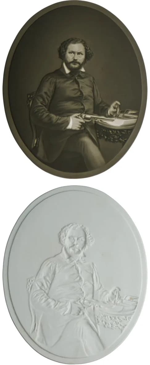 Samuel Colt - Porcelain etching self-portrait done for wide public distribution by Samuel Colt 1855.