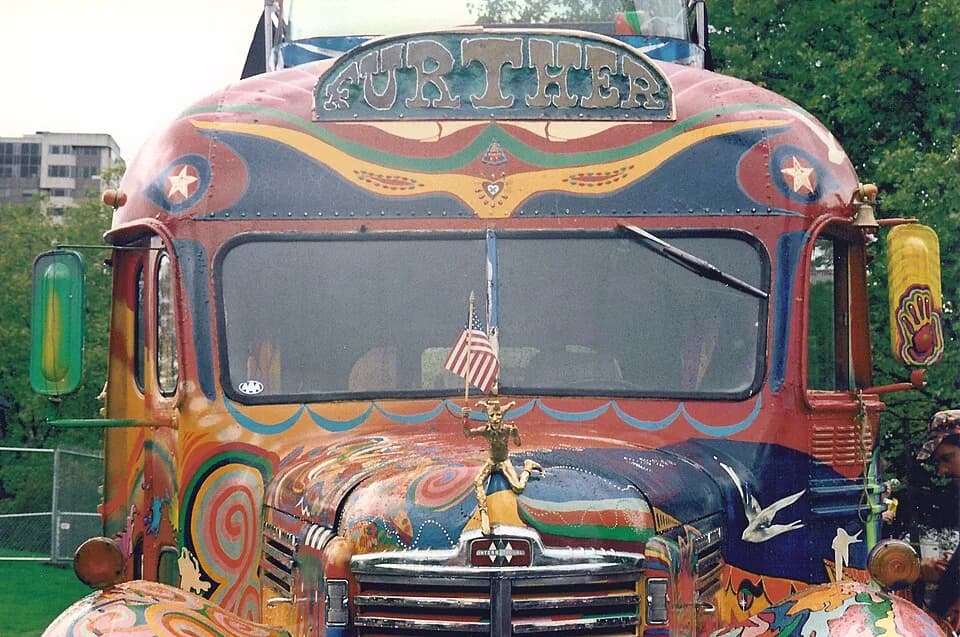 Ken Kesey - "Further" (also known as "Furthur"), Ken Kesey and the Merry Pranksters' famous bus, Bumbershoot festival, Seattle, Washington, 1994. This is the second of the two buses by this name.