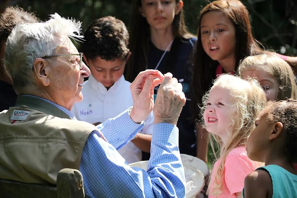 Edward O. Wilson - An older man shows something unseen to young children
Minute Man National Historical Park: At this year's BioBlitz, famed ecologist E.O. Wilson was on hand to explain nature to some