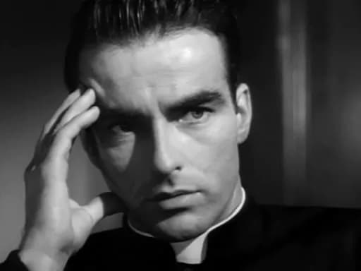 Montgomery Clift - Montgomery Clift in the movie I Confess.
This image is a screenshot made by myself from a public domain movie's trailer. Trailers for movies released before 1964 are in the Public