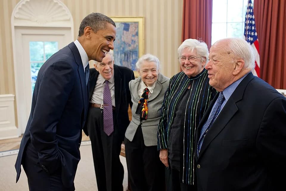 Burton Richter - President Barack Obama greets 2010 Fermi Award recipients Dr. Burton Richter, right, and his wife Laurose, and Dr. Mildred S. Dresselhaus, third from right, and her husband Gene, in t