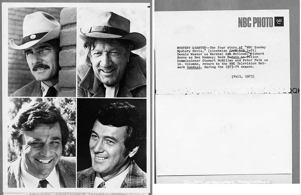 Rock Hudson - Photo of the stars of NBC Sunday Mystery Movie. Top left — Dennis Weaver in McCloud; top right — Richard Boone in Hec Ramsey; bottom left — Peter Falk in Columbo; bottom right — Rock Hud