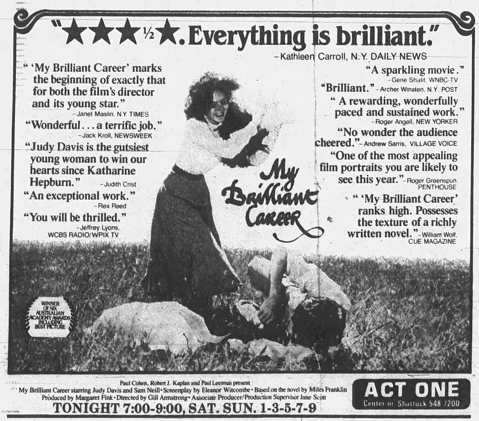 Sam Neill - Theatre advertisement for the film, My Brilliant Career. 15 February, 1980.