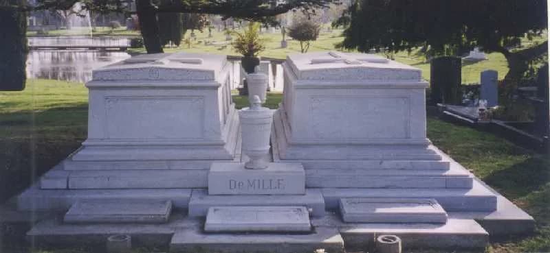 Cecil B. DeMille - Tombs of Cecil Blount DeMille (right), Constance DeMille (left), William DeMille (urn in front), Clara DeMille (stone below urn in front)