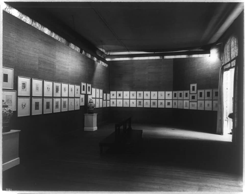 James McNeill Whistler - Title: [The Boston Memorial Exhibition, Copley Hall, 1904]
Date Created/Published: 1904.
Medium: 1 photographic print.
Summary: Room with prints on walls.
Repository: Library 