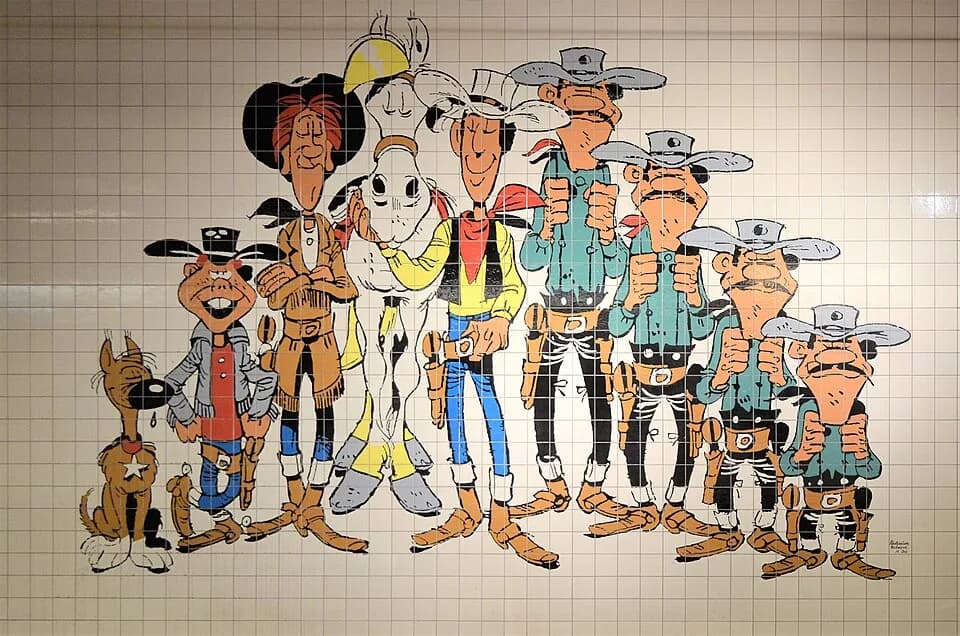 Billy the Kid - Charleroi - Station de métro Parc - céramique représentant les principaux personnages de la série de bande dessinée humoristique Lucky Luke créé par Morris. Réalisée en 1996 à l'occasi