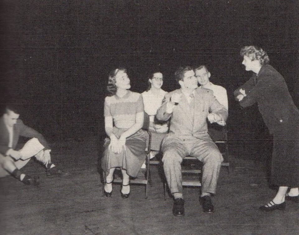 Thornton Wilder - Photograph of the performance of The Happy Journey to Trenton and Camden, by Thornton Wilder, at Shimer College in 1951-1952, from the 1952 yearbook of Shimer College. Now a liberal