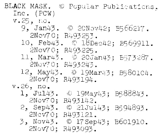 H. L. Mencken - Extract from the the Catalog of Copyright Entries showing renewals for Black Mask.