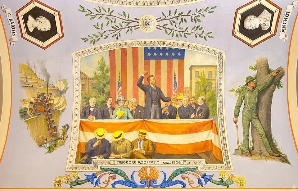 H. L. Mencken - Allyn Cox
Oil on Canvas
1973-1974
Great Experiment Hall
Cox Corridors
Spanish-American War hero Theodore Roosevelt became president in 1901, and during his two terms in office he worke