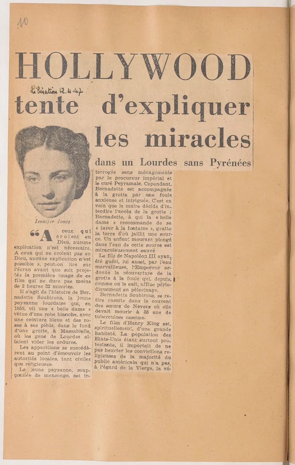 Jennifer Jones - Sujet : The song of Bernadette (film)
Contient : coupures de presse

Langue : français