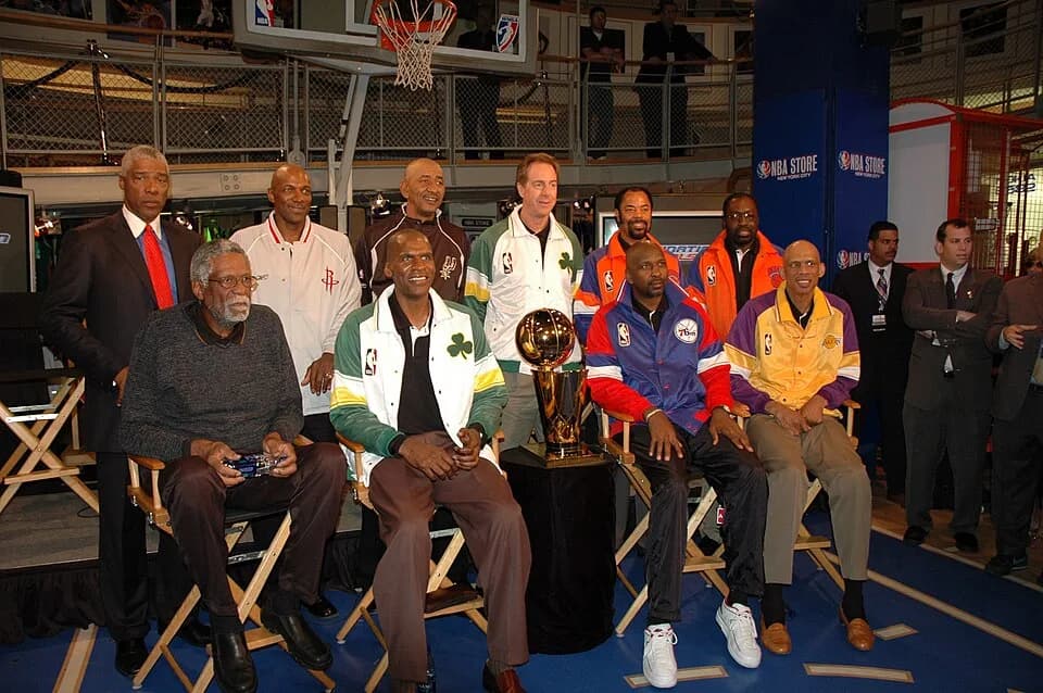 Bill Russell - (From top left to right) NBA legends Julius "Dr. J" Erving, Clyde Drexler, George Gervin, Dave Cowens, Walt "Clyde" Frazier, Earl Monroe, (Bottom left to right) Bill Russell, Robert Par