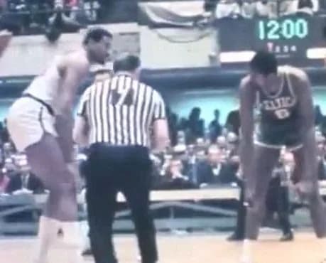 Bill Russell - Bill Russell and Wilt Chamberlain and Referee Norm Drucker, Opening Tip Game 5 1967 Eastern Division Playoffs