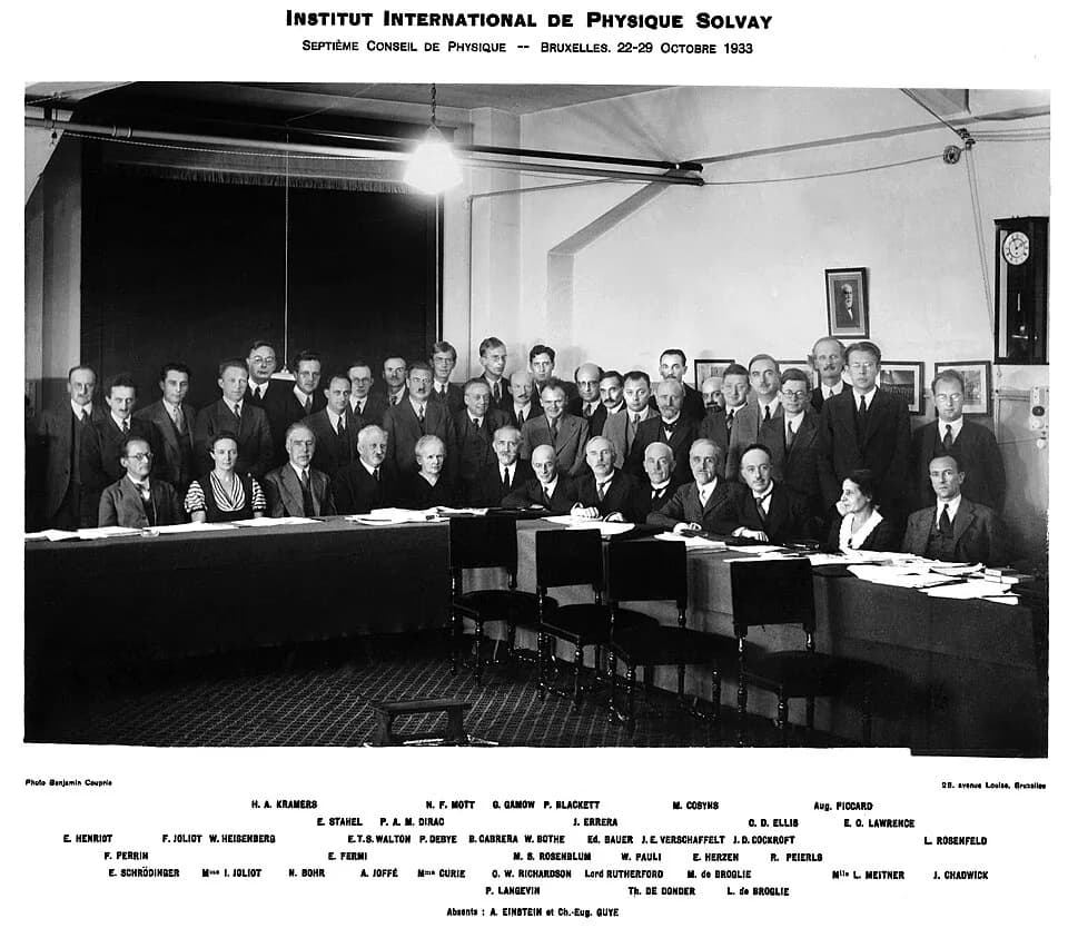 George Gamow - A group of scientists participated in the 7th Solvay Conference, Bruxelles (October 1933). 
Seated (left to right): 

Erwin Schrödinger,
Irène Joliot-Curie,
Niels Henrik David Bohr,
Abr