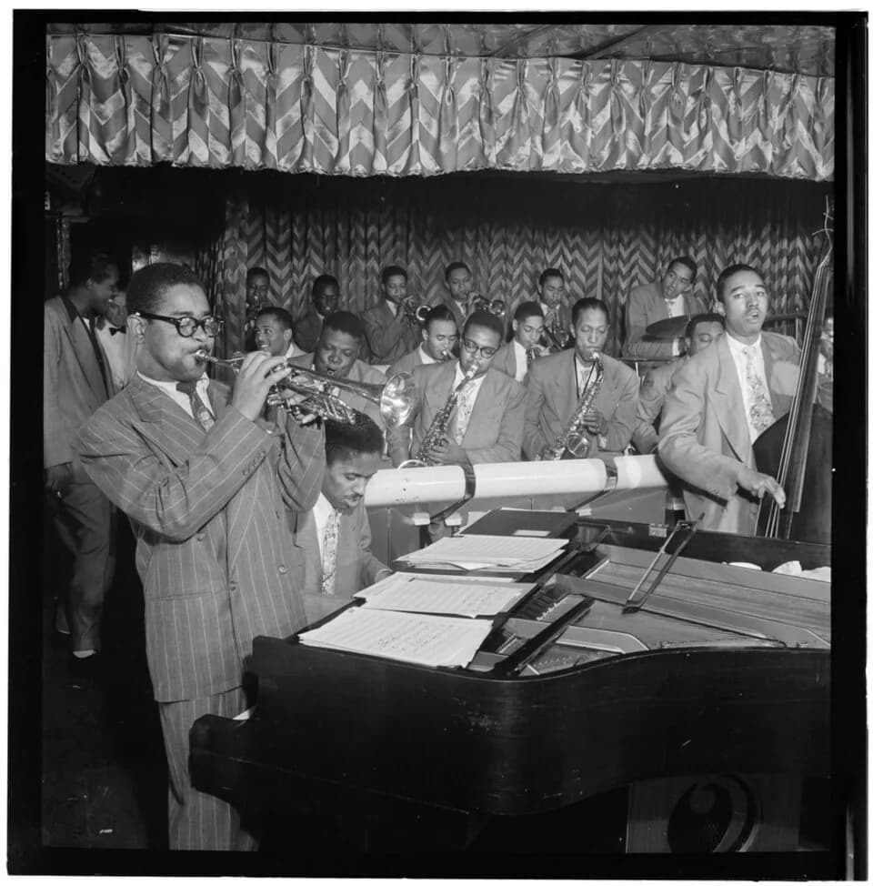 Dizzy Gillespie - Gottlieb, William P., 1917-, photographer.
[Portrait of Dizzy Gillespie, John Lewis, Cecil Payne, Miles Davis, and Ray Brown, Downbeat, New York, N.Y., between 1946 and 1948]
1 negat