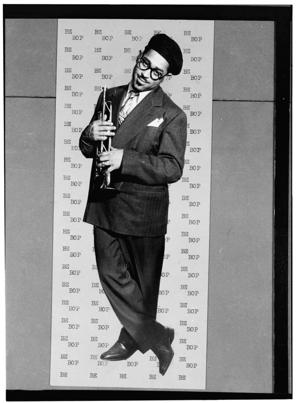 Dizzy Gillespie - Gottlieb, William P., 1917-, photographer.
[Portrait of Dizzy Gillespie, New York, N.Y., ca. May 1947]
1 negative :  b&amp;w ; 3 1/4 x 4 1/4 in.
Caption from Down Beat: This study of