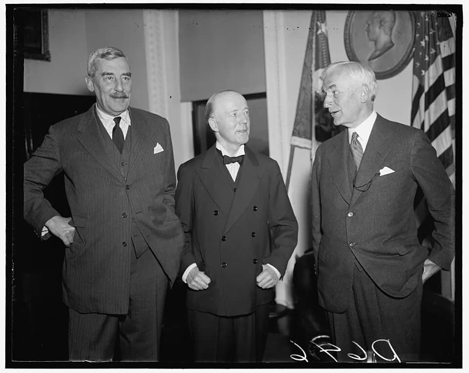 Cordell Hull - Title: British trade head and hull. Washington D.C. The President of the British Board of Trade is received by Secretary of State Hull before the trade official left to spend the weeken
