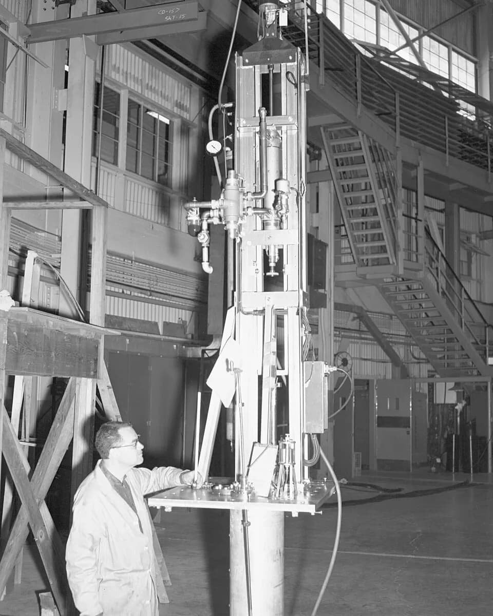 Val Logsdon Fitch - Val Fitch plunging target. Photograph taken August 26, 1958. Bevatron-1595.