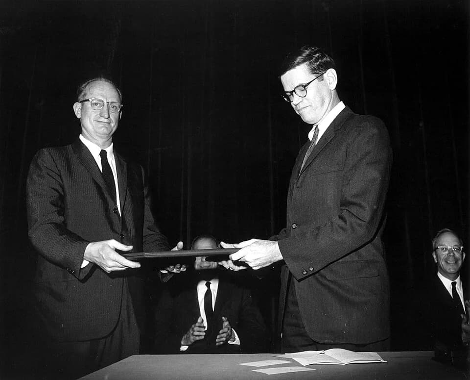 James Rainwater - Mr. Palfrey, Dr. Rainwater. ERNEST O. LAWRENCE AWARD - 1963. National Academy of Sciences, April 25, 1963.

For more information or additional images, please contact 202-586-5251.