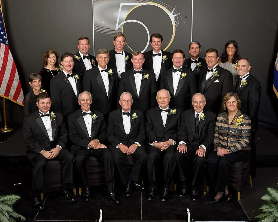 Jim Lovell - An all-star gathering of legendary American astronauts appeared in Cleveland August 29, 2008 to celebrate NASA's 50th anniversary. John Glenn, the first American to orbit Earth, Neil Arms