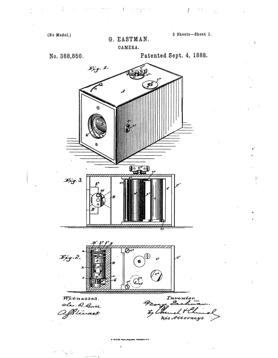 George Eastman - Page 1 of George Eastman's patent no. 388,850, for his film camera and roll film.