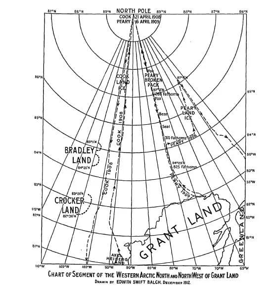 Robert Peary - Map showing alleged location of Bradley Land and Crocker Land. From Edwin Swift Balch (1913), The North Pole and Bradley Land, p. 83.
