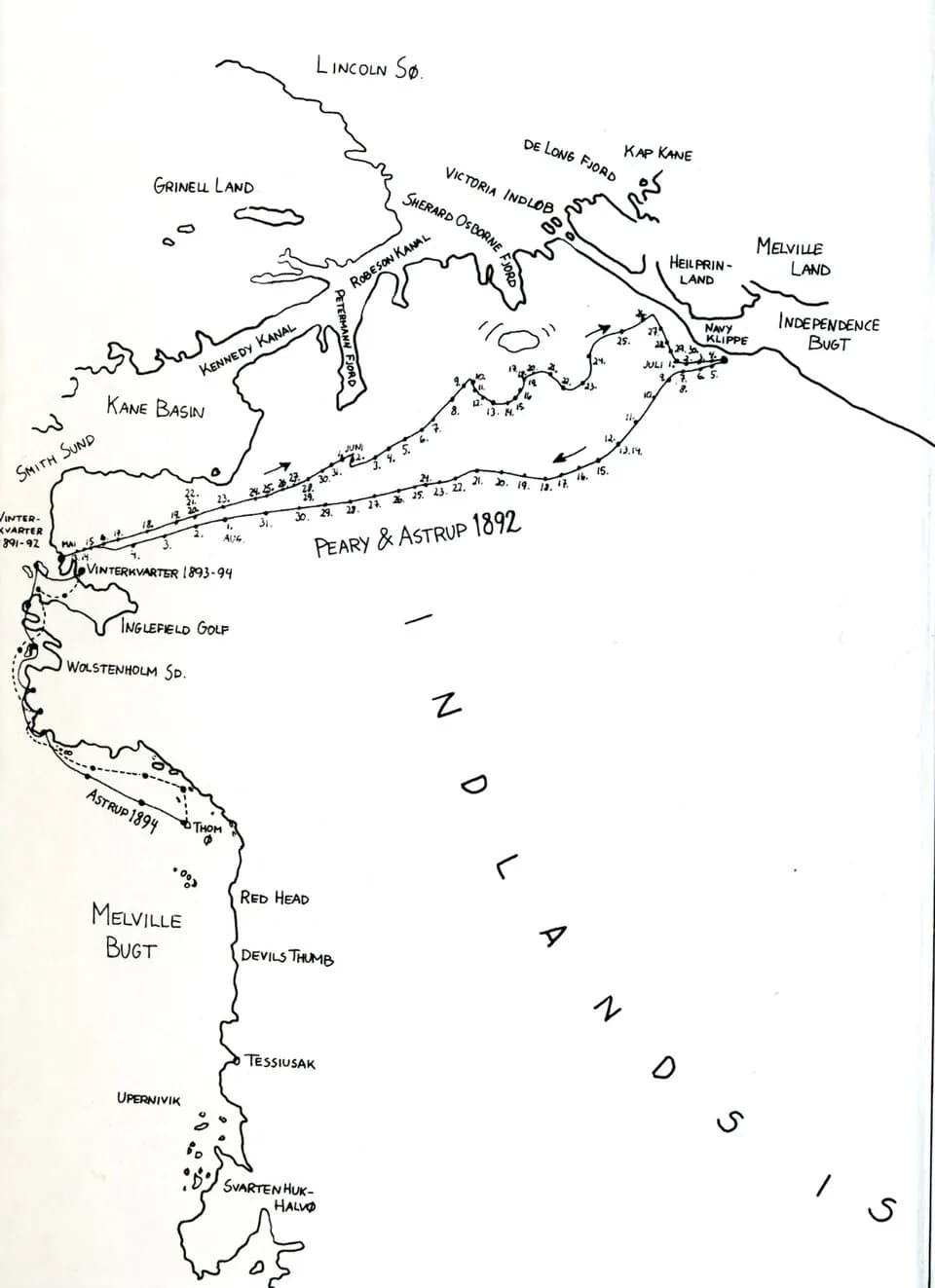 Robert Peary - Eivind Astrup's map over his travels over Northwest Greenland with  Robert Pearys in 1891/92 and with Kolotengva to Melville Bay in April 1894.