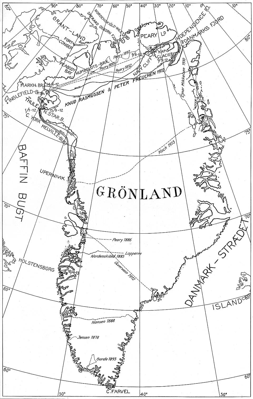 Robert Peary - Map of Greenland with routes of crossings until 1913