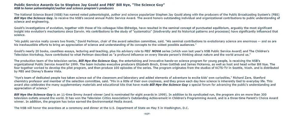 Stephen Jay Gould - Public Service Awards Go to Stephen Jay Gould and PBS' Bill Nye, 'The Science Guy'