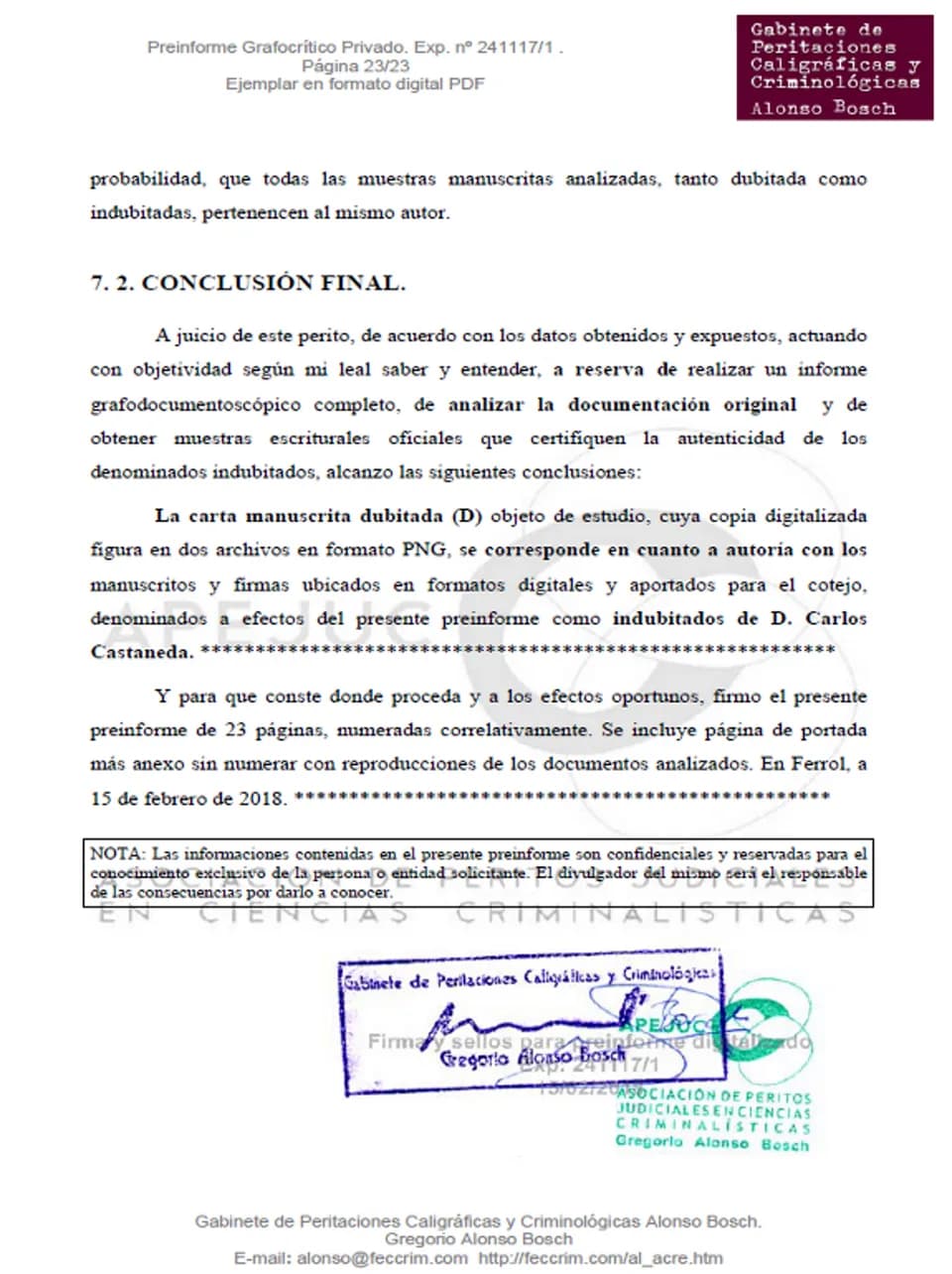 Carlos Castañeda - Pericia caligráfica que demuestra la identidad de Carlos Castaneda