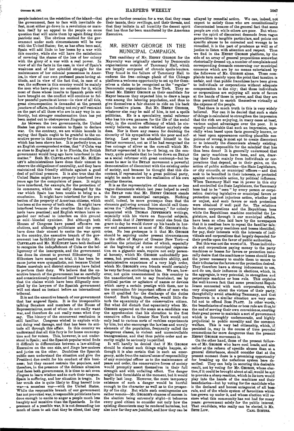 Henry George - Scan of a page from Harper's Weekly containing an editorial by Carl Schurz: Mr. Henry George in the Municipal Campaign, 1897-10-23, p. 1047.