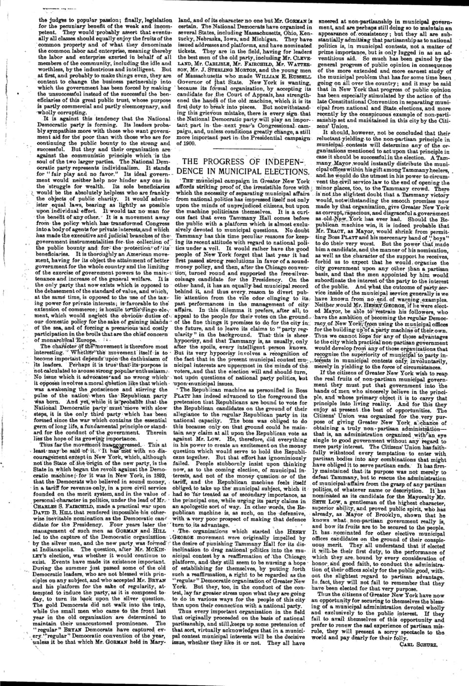 Henry George - Scan of a page from Harper's Weekly containing an editorial by Carl Schurz: The Progress of Independence in Municipal Elections, 1897-10-16, p. 1023.