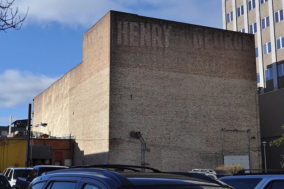 Henry George - Rear of the Everett Theatre, Everett, Washington. (Exterior.) Opened 1901 as an opera house; gutted by fire 1923, rebuilt 1924; remodeled 1952 and 1979 (the latter as a triplex movie th