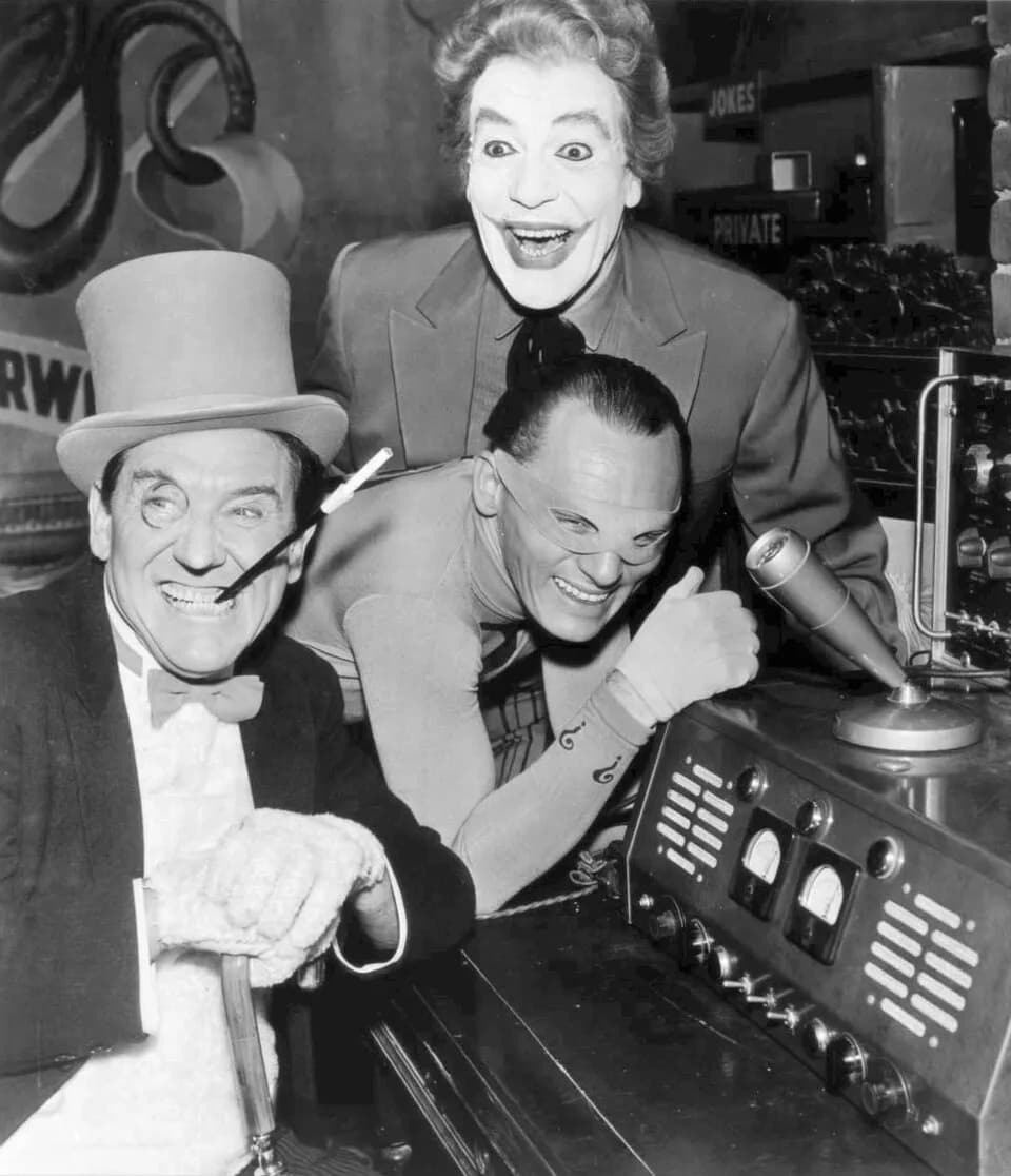 Burgess Meredith - Publicity photo of some of the villians from Batman.  From left: The Penguin Burgess Meredith, The Riddler Frank Gorshin, and The Joker Cesar Romero