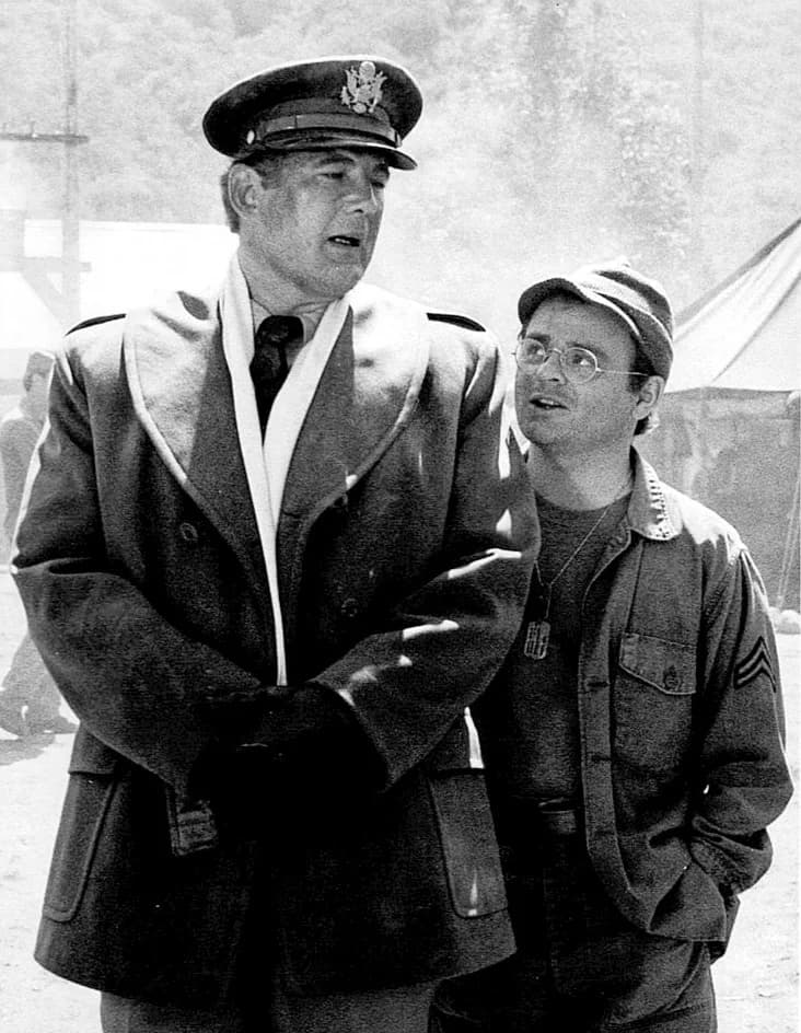 David Ogden Stiers - Photo of David Ogden Stiers as Major Charles Winchester and Gary Burghoff as Radar O'Reilly from M*A*S*H.  This is the first appearance of the Charles Winchester character on M*A*
