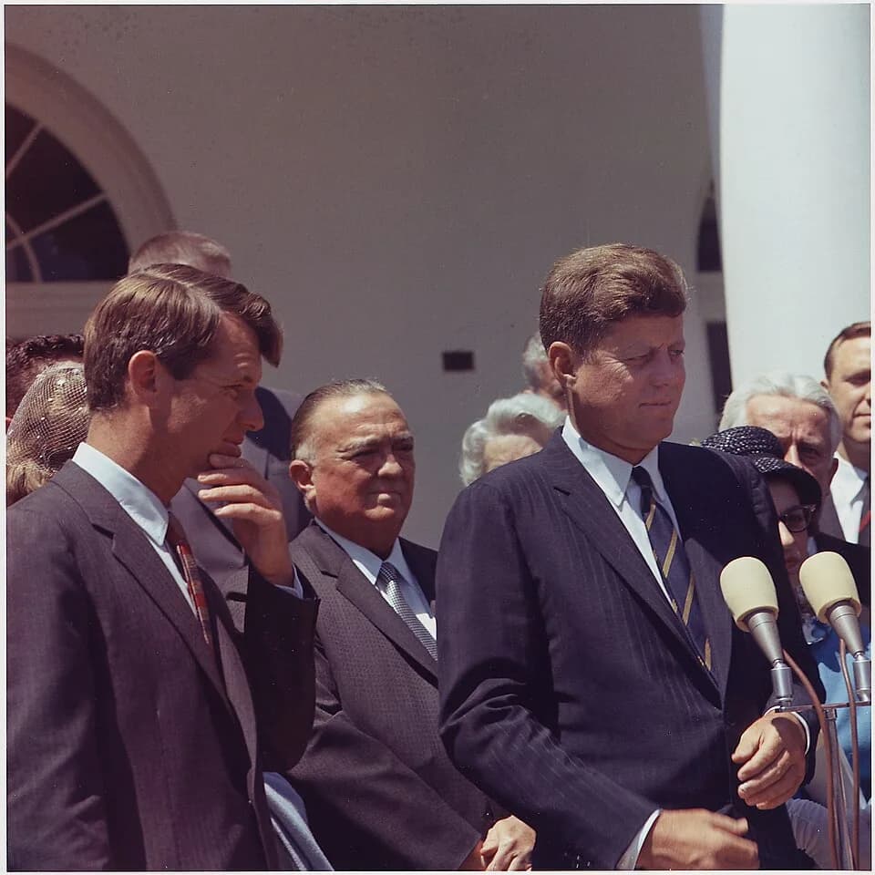 J. Edgar Hoover - Presentation of the Young American Medals for Bravery. Attorney General Robert F. Kennedy, Director of F.B.I. J.... - NARA - 194254.jpg