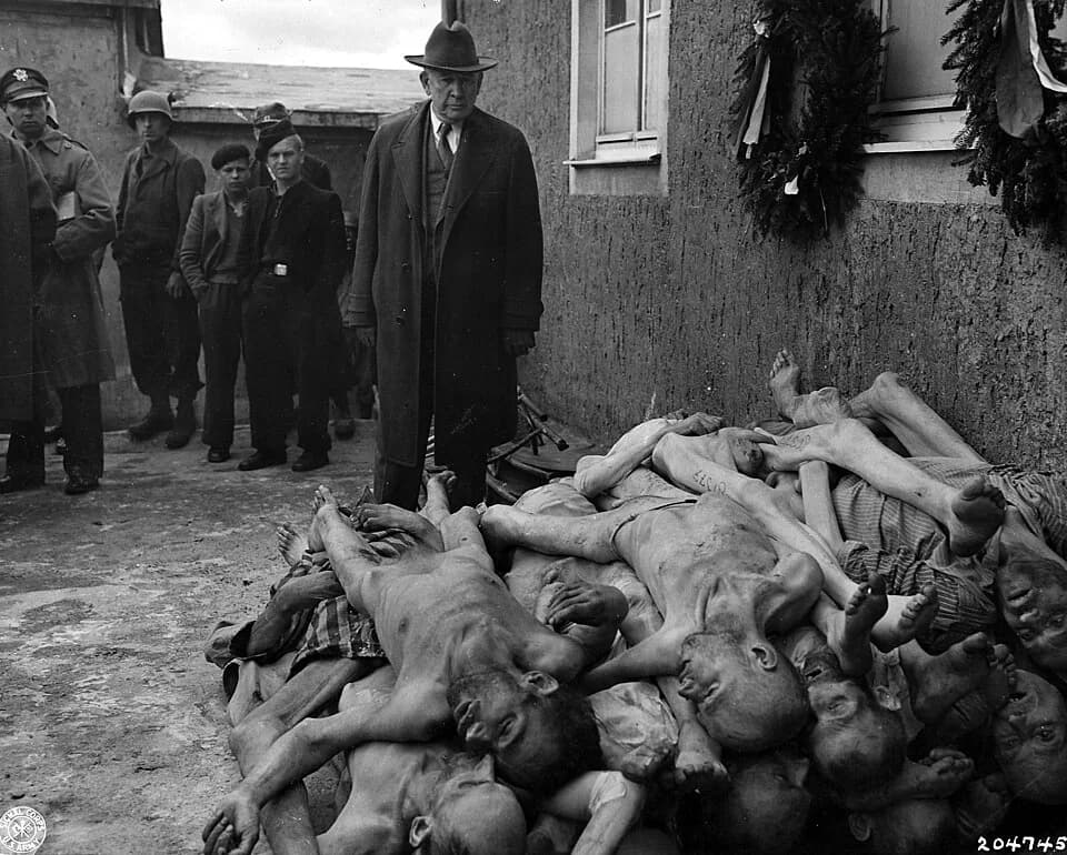 Alben W. Barkley - Senator Alben W. Barkley of Kentucky, a member of a congressional committee investigating Nazi atrocities, views the evidence at first hand at Buchenwald concentration camp. Weimar,