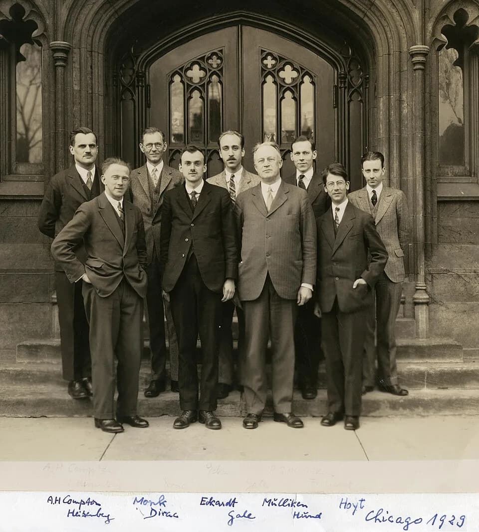 Robert S. Mulliken - Chicago 1929 - Arthur Compton, Werner Heisenberg, Monk, Paul Dirac, Eckart, Gale, Robert Mulliken, Friedrich Hund and Hoyt (legend by Friedrich Hund)