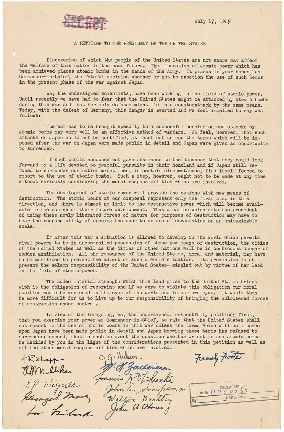 Robert S. Mulliken - Petition from Leo Szilard and Other Scientists to President Harry S. Truman