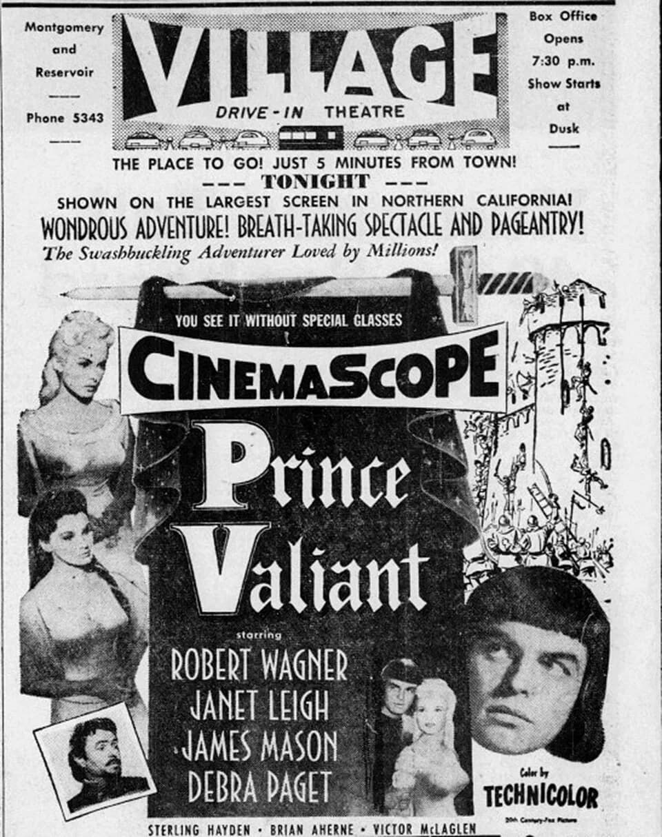Janet Leigh - Village Drive-In theater advertisement for the American adventure film Prince Valiant (1954). From the 1 September 1954 Press Democrat.