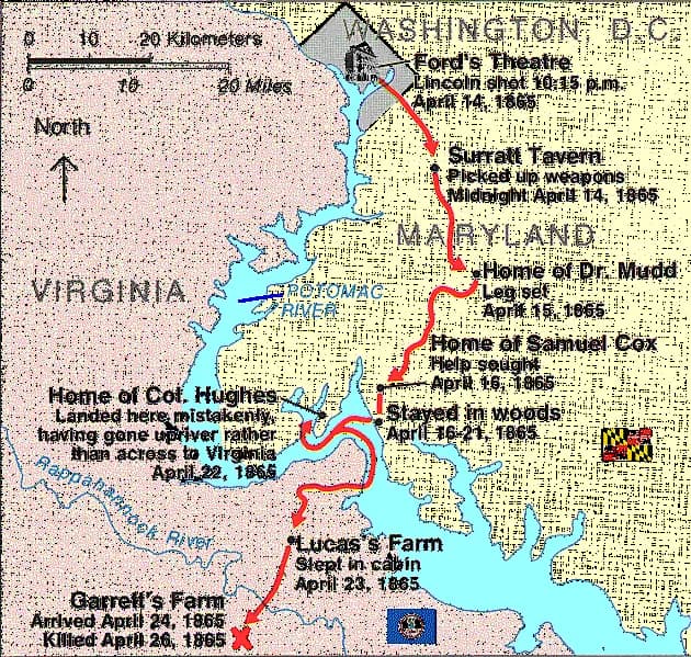 John Wilkes Booth - Source: en:National Park Service – "John Wilkes Booth's Escape Route".Derivative work for Wikipedia by en:User:JGHowes – added state flags/icons; revised map colors.
