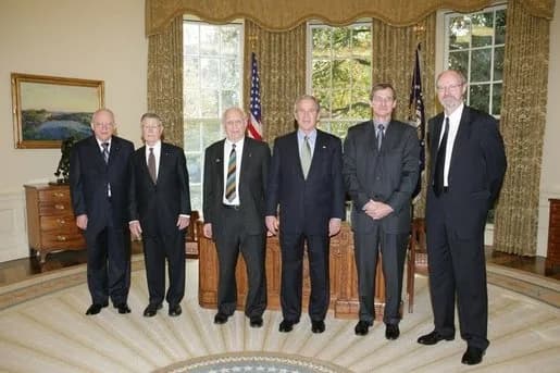 Thomas Schelling - President George W. Bush meets with the 2005 Nobel Prize recipients, Tuesday, Nov. 8, 2005 in the Oval Office at the White House. From left to right are Dr. John Hall, 2005 Nobel Pr