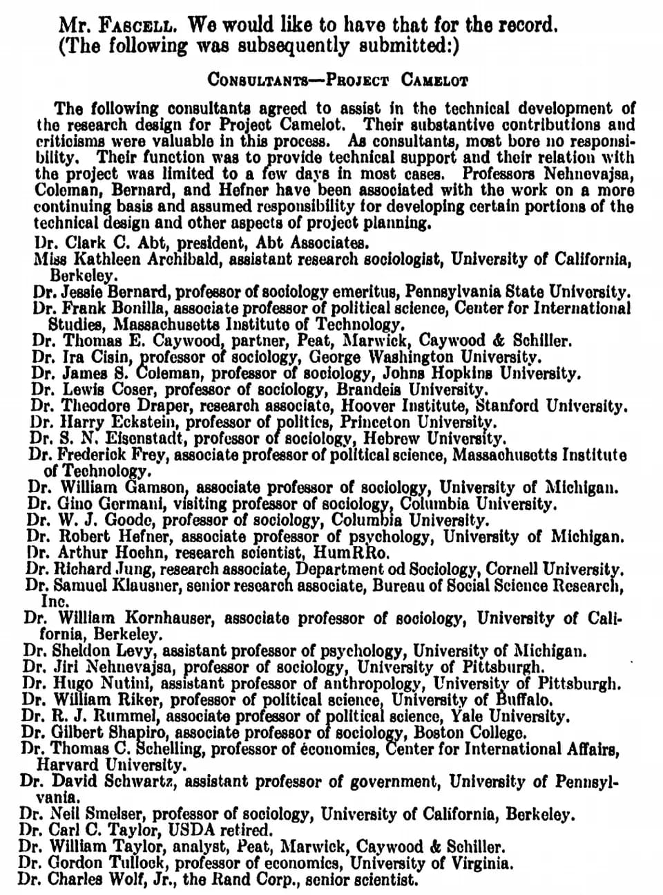 Thomas Schelling - List submitted to Congressional Record of academics collaborating with Project Camelot.
