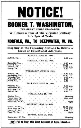 Booker T. Washington - Handbill from Booker T. Washington’s 1909 tour of southern Virginia and West Virginia
