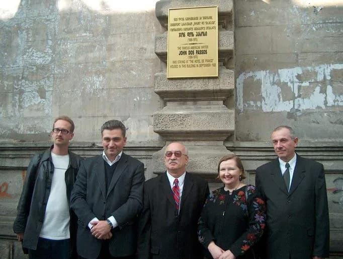 John Dos Passos - Fulbright Scholar Professor Tyrus Miller; Mayor of Kutaisi, Mr. Gia Giorgadze; Head of American Studies Department at KSU, Professor Vakhtang Amaglobeli; PAO Rowena Cross-Najafi; and