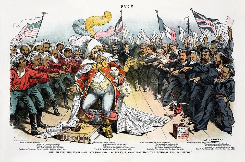 Oliver Wendell Holmes - The Pirate Publisher—An International Burlesque that has the Longest Run on Record by Joseph Ferdinand Keppler, published as a centrefold in Puck, v. 18, no. 468 (1886 February