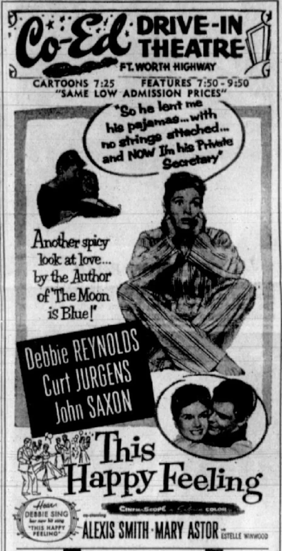 Mary Astor - Co-Ed Drive-In theater advertisement for the American romantic comedy film This Happy Feeling (1958). From the 21 September 1958 Denton Record-Chronicle.