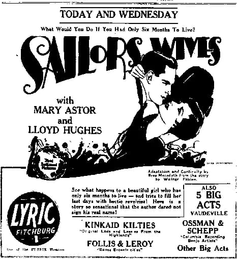 Mary Astor - Sailors' Wives handbill (Kinkaid Kilties 1928)