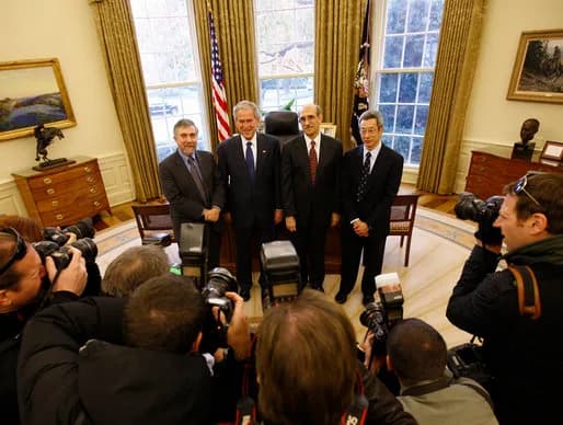 Roger Y. Tsien - President George W. Bush poses for a photo with Nobel Prize winners Monday, Nov. 24, 2008, in the Oval Office. Joining President Bush from left are, Dr. Paul Krugman, Economics Prize 
