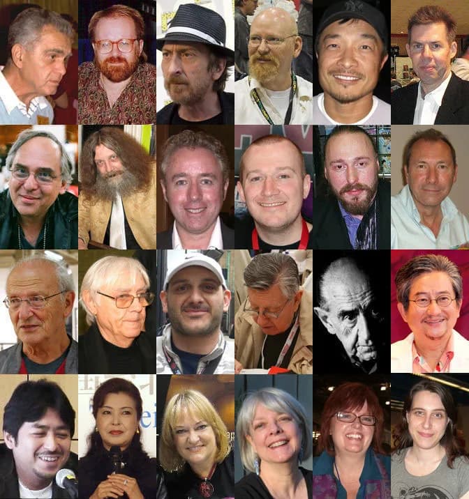 Jack Kirby - Collage of comic book creators.
Top row, left to right:
Jack Kirby, John Byrne, Frank Miller, Art Adams, Jim Lee and Dave Sim. 


Second row:
Art Spiegelman, Alan Moore, Mark Millar, Gart
